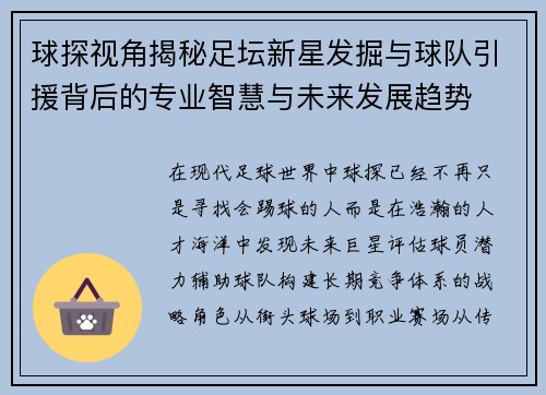 球探视角揭秘足坛新星发掘与球队引援背后的专业智慧与未来发展趋势 球探视角揭秘足坛新星发掘与球队引援背后的专业智慧与未来发展趋势